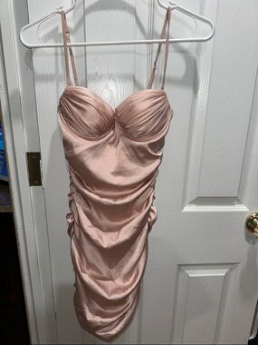 Oh Polly Blush Pink Ruched Satin Mini Dress